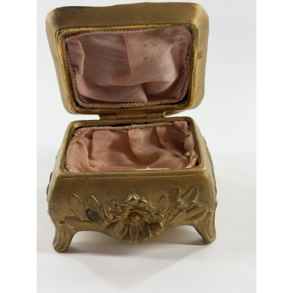 Antique Art Nouveau Jewelry Casket Gilt Spelter Floral Trinket Box 1175